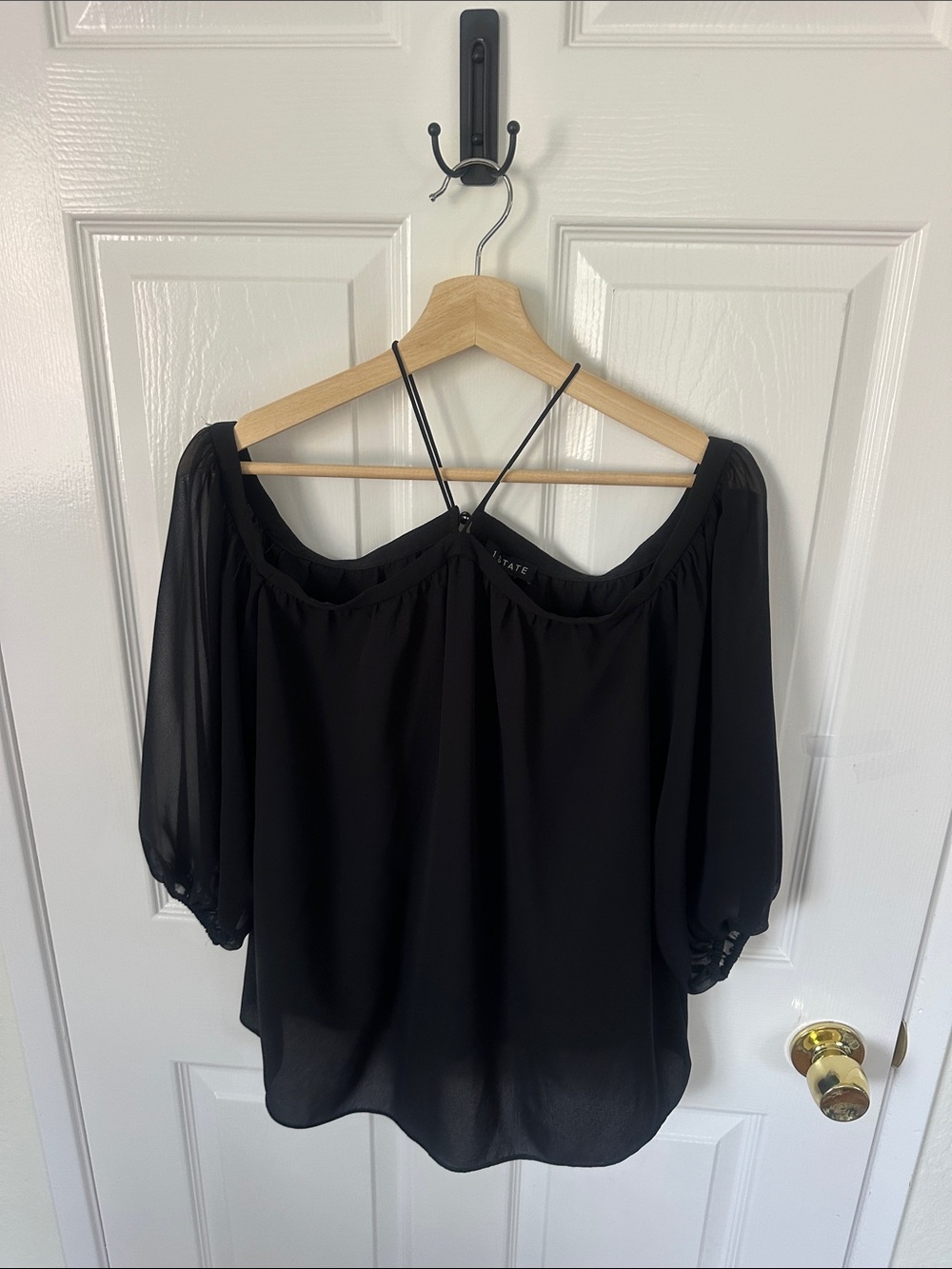 1. State Black Off-Shoulder Blouse with Spaghetti Straps